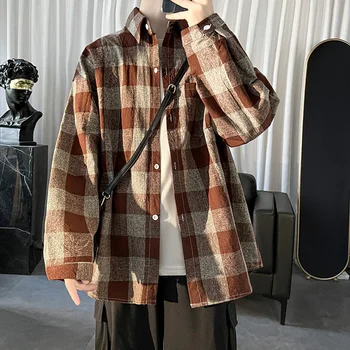 Toamna Cu Maneca Lunga Camasa Barbati Moda Retro Culoare De Contrast Supradimensionate Tricouri Casual Mens Streetwear Coreean Liber Camasi Carouri Bărbați