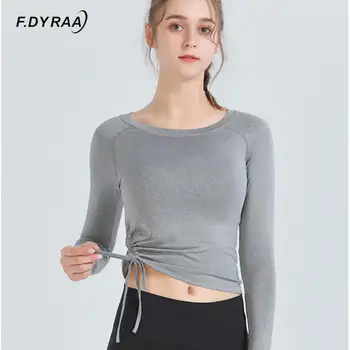  F. DYRAA Moda Discoteca Tricouri Femei Cordon Guler Rotund cu Maneca Lunga Yoga Tricouri Exercițiu de Fitness Sală de Sus Antrenament Sport