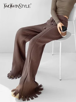  TWOTWINSTYLE Tricotat Minimalist Flare Pantaloni Pentru Femei de Înaltă Talie Subțire Mozaic Ciucuri Tiv Pantaloni Casual, Haine de sex Feminin Nou