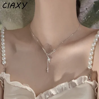  CIAXY Culoare Argintie Tassel Pandantiv Star Coliere pentru Femei Sexy Cruce Cravată Lung Lanț Pulover Moda Bijuterii