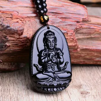  Piatra naturala Negru Obsidian Sculptate Buddha Norocos Amuleta Pandantiv Colier Bijuterii Fine pentru Femei, Bărbați Pulover lanț Pandantive 2019