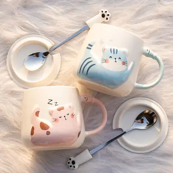  Cana ceramica cu capac lingura cat creative acasă bărbați și femei cupluri de studenți mic dejun cafea cu lapte cana de ceai de după-amiază