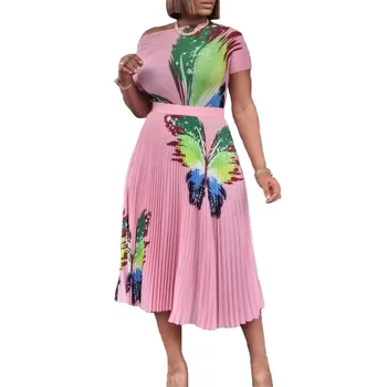  S-3XL Africane Haine de Vară de Moda Stil African Femei Maneci Scurte O-gât de Imprimare Poliester Două Bucăți Seturi de Top și Fuste