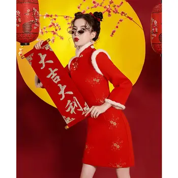  Roșu Cheongsam Iarna Îngroșarea Îmbunătățit Scurt de Anul Nou pentru Adulți Felicitare de Anul Nou Haine Femei Stil Chinezesc