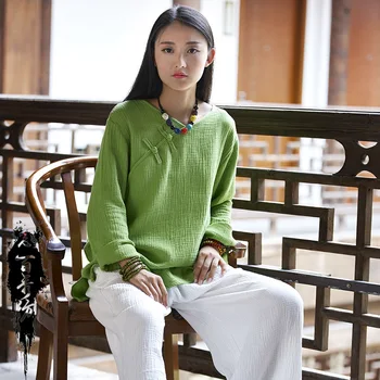  4colors Stil Chinezesc Femei Cheongsam Lenjerie de pat din Bumbac Topuri Tricouri Oriental Îmbrăcăminte Retro Hanfu Ceai Zen Bluză Casual Haine de Blana