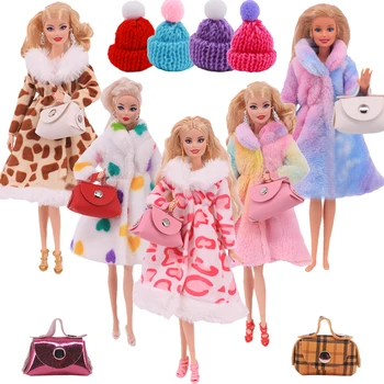  3PCS/Set Haine Pentru Păpuși Barbie Iarna de Pluș Cald Paltoane Lungi Pulover Genti se Potrivesc 11.8 Inch Fata Papusa,30cm BJD Papusa,de Crăciun