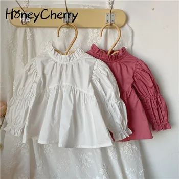  HoneyCherry Primăvară Noua Fata cu mâneci Lungi Stand-up Guler Cămașă Bluză Albă Fată Copilul Puff Maneca de Sus