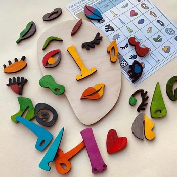  Lemn Montessori Față Puzzle-uri Jucarii Preșcolar Învățământ Devreme Arta Abstractă Faciale Puzzle Art Joc Dezvolta Imaginatia copil Cadou