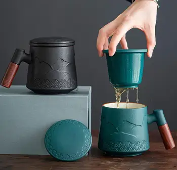  400ML Ceramice Retro Ceașcă de Cafea de Birou Cana de Apa Filtru Ceașcă de Ceai cu Capac Cesti si Cani Mâner de Lemn Caneca Cadou Cutie