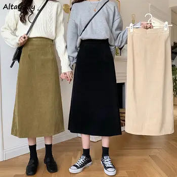  Femei pantaloni de Catifea cord Fuste Vintage Solid O-linie Talie Mare Toamna coreean Ulzzang Doamne de Birou Eleganta Midi-fusta Mori-fata All-meci