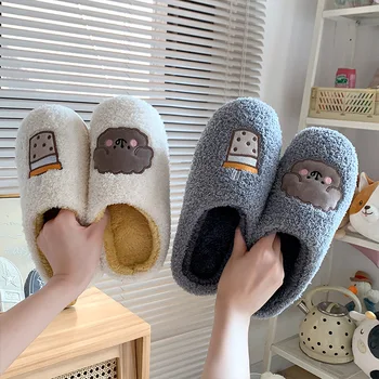  Fierbinte De Vânzare Casa Papuci De Casa Pentru Bărbați Cald Confortabil Femei Papuci Non-Alunecare De Câine De Desene Animate Pantofi De Bumbac Cupluri De Blană De Iarna Interior Diapozitive