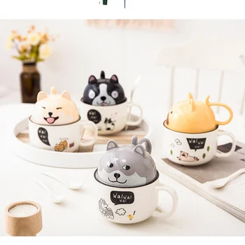  Noi 350ml Kawaii Shiba Inu Cana de Desene animate Drăguț Cana Ceramica Cu Capac si Lingura de Cafea cu Lapte Cani de Ceai mic Dejun Cupe Drinkware Cadouri