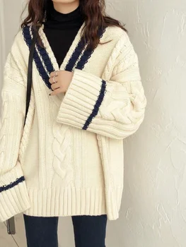  Hsa coreeană de Moda pentru Femei Pulover Supradimensionat și Pulovere Mare V Gât Răsucit Tricotate Pulovere Stil Liber Jersey Haine coreene