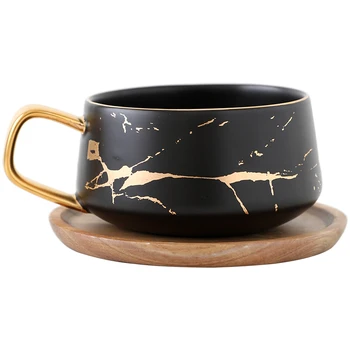  300ml de Lux mat ceramic marmură ceai, Cești de cafea și cu lemn Farfurii negru și aur alb inlay ceramic cupe