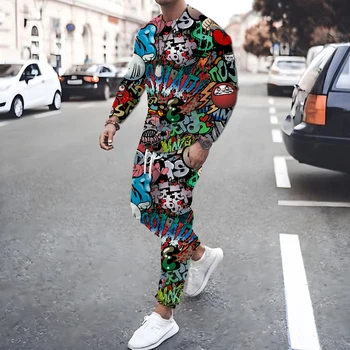  Maneca lunga Cool Moda Grunge Arta Graffiti Colorat 3D Imprimate Grafic Bărbați Moda Streetwear Oameni Cool T-Shirt, Pantaloni Lungi Set