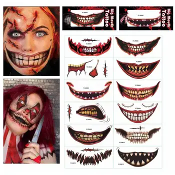  12buc/set Halloween Înfricoșător Gura Temporară Autocolante Tatuaj Machiaj Zombie Dinte Clovn Impermeabil Tatuaj Facial Groază Inserați codul A1D7