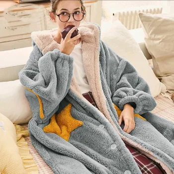  Iarna Nou Moale Homewear Halat De Baie Rochie Drăguț Lung Coral Fleece Kimono-Halat Femei Casual Cu Glugă Pijamale Pijama De Flanel