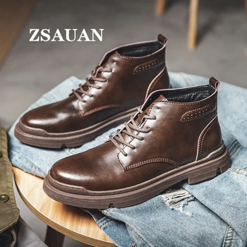  ZSAUAN Primavara / Iarna Scurte Barbati Cizme din Piele Rotund Toe Glezna Cizme Retro Confortabil Brand de Pantofi pentru Bărbați de Vânzare Fierbinte